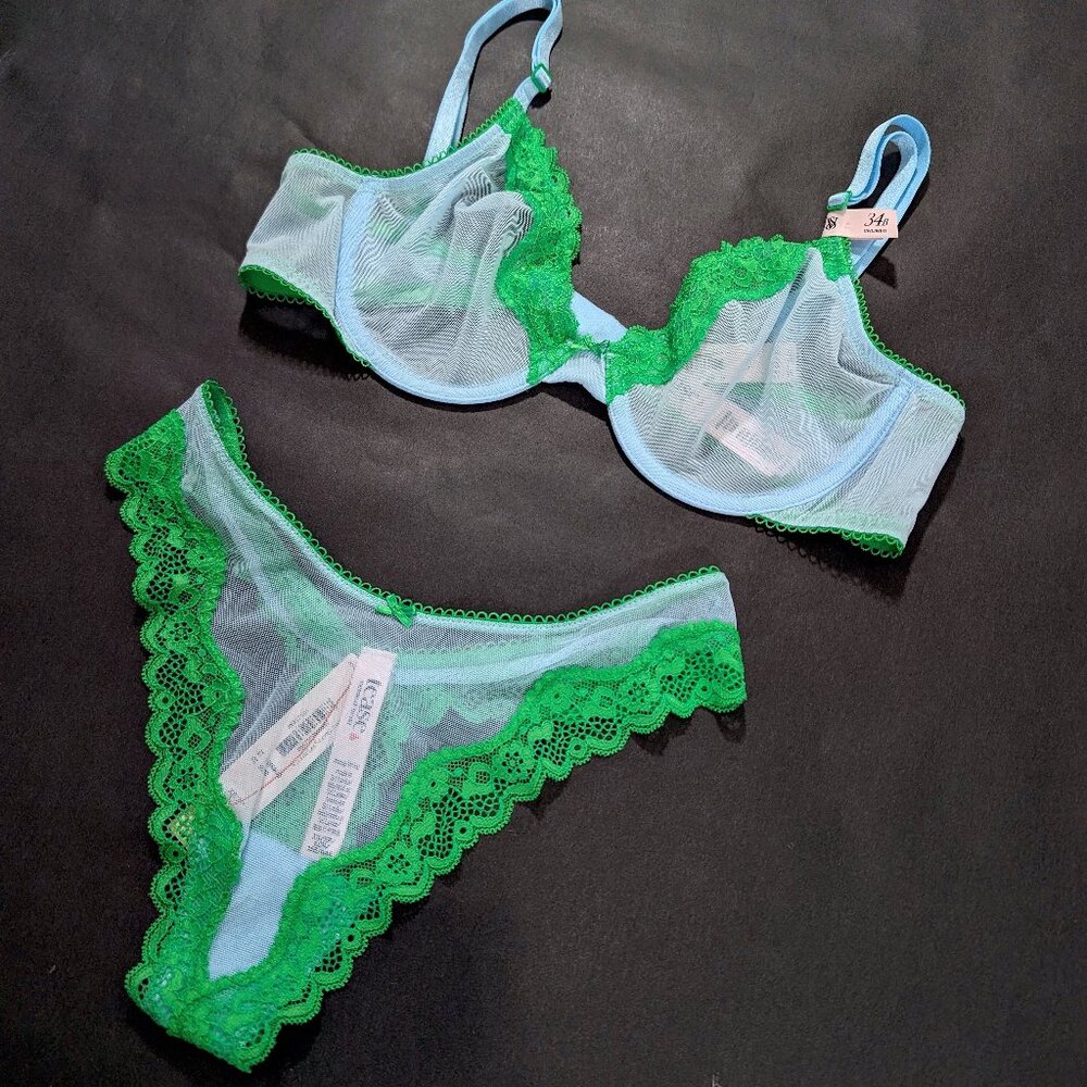 Victoria's Secret Bra Set Unlined Tease 34B XS Thong Blue & Lime Green Lace